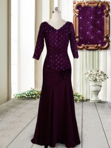 High End Dark Purple Prom Dress Prom and For with Beading and Lace and Hand Made Flower Half Sleeves Zipper