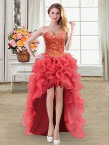 Coral Red Lace Up Prom Dresses Beading and Ruffles Sleeveless High Low