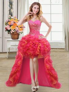 Popular Multi-color Ball Gowns Organza Sweetheart Sleeveless Beading and Ruffles High Low Lace Up Prom Dress