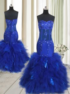 Mermaid Sleeveless Lace Up Floor Length Beading and Ruffles Prom Evening Gown