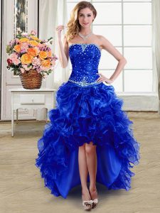 Royal Blue Sleeveless Beading and Ruffles High Low Dress for Prom