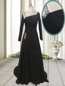 Cute With Train A-line Long Sleeves Black Dress for Prom Sweep Train Side Zipper