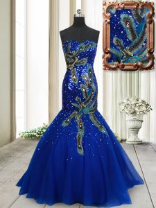 Mermaid Sleeveless Brush Train Beading and Appliques and Sequins Lace Up Prom Dresses