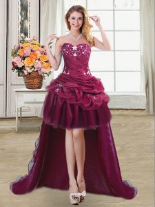 Discount Burgundy Sleeveless Beading and Appliques and Pick Ups High Low Homecoming Dress