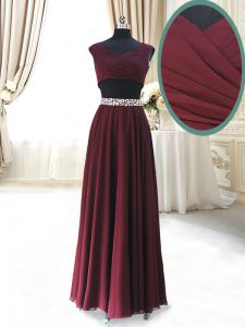 Stunning Burgundy Prom Dresses Prom and For with Beading and Belt V-neck Cap Sleeves Zipper