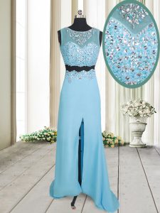 Scoop Aqua Blue Chiffon Zipper Evening Dress Sleeveless Floor Length Beading