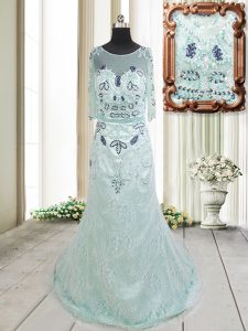 Fantastic Apple Green Zipper Scoop Beading and Lace Prom Gown Tulle Half Sleeves Brush Train