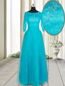 On Sale Teal Tulle Zipper Scoop Half Sleeves Floor Length Dress for Prom Beading and Lace and Appliques