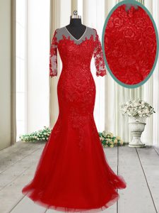 Hot Selling Mermaid Red V-neck Neckline Lace Dress for Prom Half Sleeves Clasp Handle