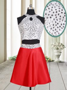 Halter Top Criss Cross White And Red Sleeveless Beading Mini Length Prom Dresses