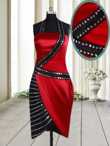 Halter Top Knee Length Red And Black Homecoming Dress Elastic Woven Satin Sleeveless Beading