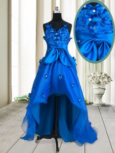 Royal Blue A-line Beading and Appliques and Bowknot Prom Gown Zipper Organza Sleeveless High Low