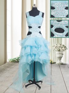 Straps Sleeveless Criss Cross High Low Beading and Ruffled Layers Prom Evening Gown