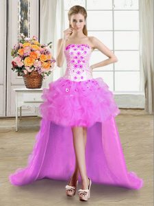 Sleeveless High Low Beading and Appliques and Ruffles Lace Up Evening Dress with Lilac