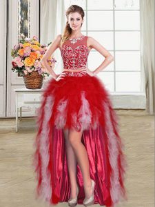 Eye-catching Red Zipper Scoop Beading and Ruffles Prom Gown Tulle Sleeveless