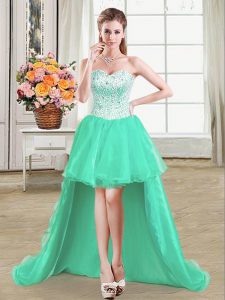 Customized Turquoise Organza Lace Up Sweetheart Sleeveless High Low Prom Party Dress Beading