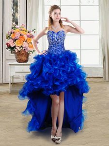 Attractive Royal Blue Sweetheart Neckline Beading and Ruffles Dress for Prom Sleeveless Lace Up