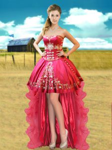 Hot Pink Ball Gowns Beading and Appliques Prom Dress Lace Up Organza and Taffeta Sleeveless High Low