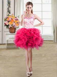 Colorful Straps Beading and Lace and Ruffles Dress for Prom Hot Pink Lace Up Sleeveless Mini Length