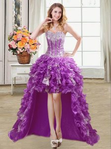 Dazzling Sleeveless Organza High Low Lace Up Prom Gown in Purple with Ruffles and Sequins