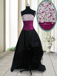 Black A-line Taffeta Strapless Sleeveless Beading High Low Lace Up Prom Dress