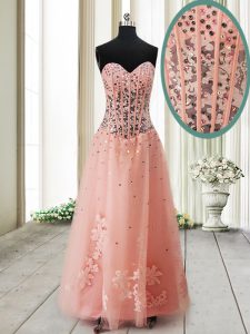 Edgy Peach Sleeveless Ankle Length Beading Lace Up Prom Party Dress
