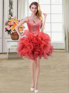 Elegant Straps Coral Red Ball Gowns Beading and Ruffles Prom Dress Lace Up Organza Sleeveless Mini Length