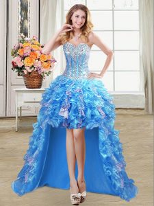 Baby Blue Sleeveless Beading and Ruffles and Sequins High Low