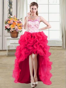 Stylish Hot Pink Straps Neckline Beading and Lace and Ruffles Evening Dress Sleeveless Lace Up
