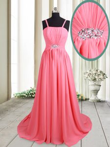 Stunning Straps Sleeveless Chiffon Brush Train Lace Up Homecoming Dress in Pink with Beading