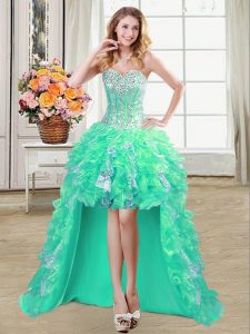 Sleeveless High Low Ruffles and Sequins Lace Up with Turquoise