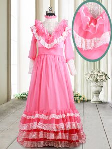 Ideal Pink Chiffon Zipper V-neck Long Sleeves Prom Evening Gown Brush Train Beading and Lace and Ruffled Layers