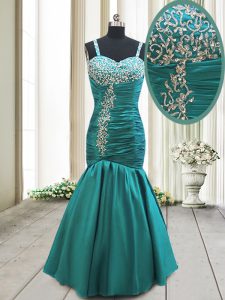 Spectacular Mermaid Straps Teal Sleeveless Beading and Ruching Floor Length Evening Dress