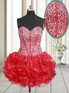 Lovely Mini Length Lace Up Red for Prom and Party with Beading and Ruffles