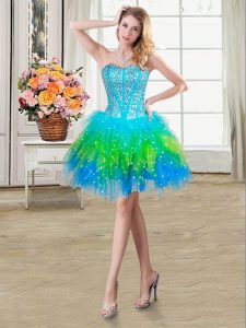 Sumptuous Multi-color Ball Gowns Sweetheart Sleeveless Tulle Mini Length Lace Up Beading and Ruffles Prom Party Dress