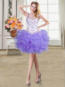 Organza Straps Sleeveless Lace Up Beading and Ruffles Dress for Prom in Lavender
