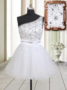 A-line Prom Gown White One Shoulder Tulle Sleeveless Mini Length Zipper