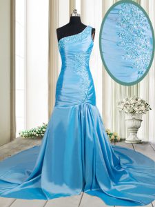 Romantic Mermaid One Shoulder Sleeveless Elastic Woven Satin Brush Train Zipper Homecoming Dress in Baby Blue with Beadi