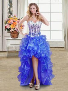 Dazzling Blue Ball Gowns Beading and Ruffles Prom Dresses Lace Up Organza Sleeveless High Low