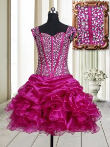 Straps Fuchsia Organza Lace Up Prom Evening Gown Sleeveless Mini Length Beading and Ruffles
