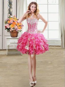Hot Pink Lace Up Sweetheart Beading and Ruffles and Sequins Prom Gown Organza Sleeveless