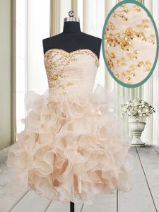 Mini Length Lace Up Prom Evening Gown Champagne for Prom and Party with Beading and Ruffles