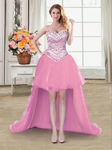 Cheap Sleeveless Organza High Low Lace Up Prom Party Dress in Pink with Beading