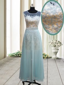 Cute Scoop Light Blue Chiffon Backless Cap Sleeves Ankle Length Lace
