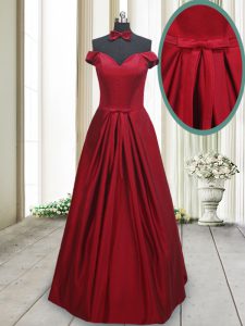 Excellent Wine Red A-line Taffeta Off The Shoulder Sleeveless Ruching and Bowknot Floor Length Lace Up Prom Gown