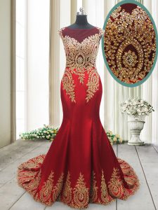 Mermaid Red Scoop Side Zipper Appliques Dress for Prom Brush Train Cap Sleeves