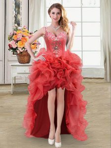 Romantic Straps Coral Red Ball Gowns Beading and Ruffles Dress for Prom Lace Up Organza Sleeveless High Low