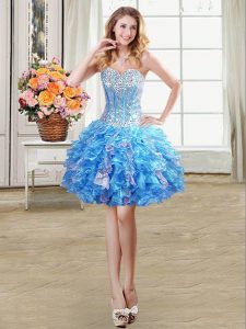 Baby Blue Prom and Party and For with Beading and Ruffles and Sequins Sweetheart Sleeveless Lace Up