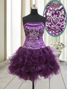 Mini Length A-line Sleeveless Dark Purple Prom Gown Lace Up