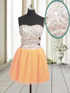 Discount Mini Length Orange Homecoming Dress Tulle Sleeveless Beading and Sequins